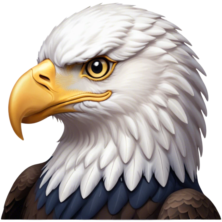 Cinematic Noble American Eagle Portrait Emoji, Poised and regal, with a powerful, broad build, a distinctive white-headed silhouette contrasting a dark, formidable body, and piercing, intense eyes, Simplified yet sharp and sophisticated features, highly detailed, glowing with a soft, majestic radiance, high shine, intelligent and commanding, stylized with an air of national pride, focused and vigilant, soft glowing outline, capturing the essence of a watchful and confident American eagle that appears ready to soar out of the screen with effortless authority! emoji
