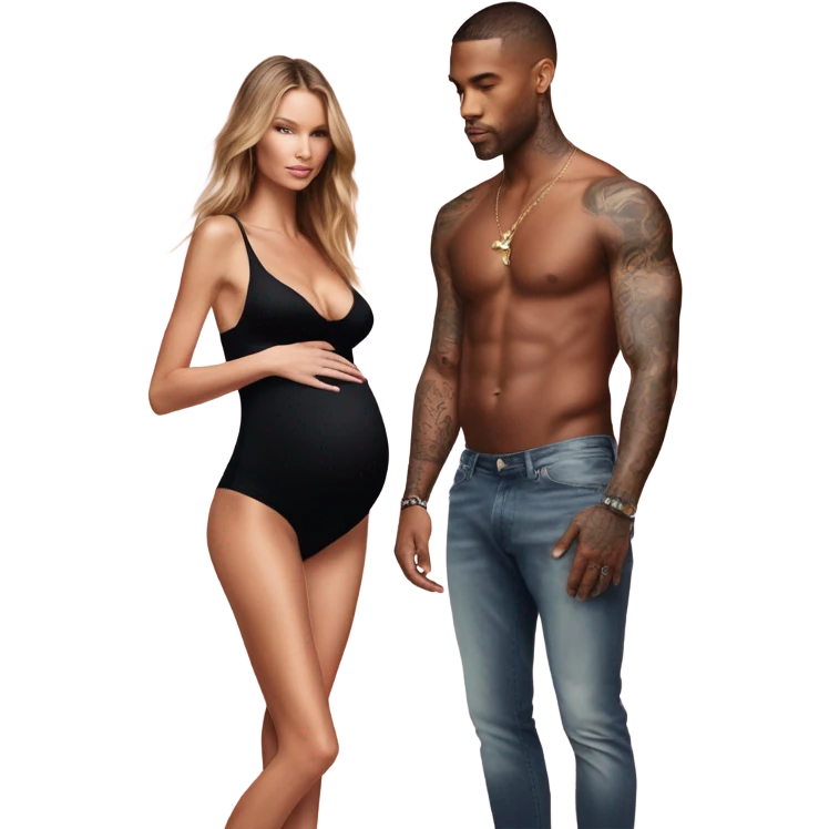 Photo of a Victoria secret model pregnant Standing next to a tattooed male model  emoji