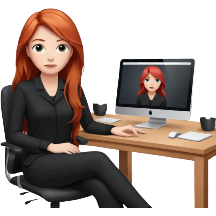 Video call therapy session: red-haired therapist with long hair wearing black minimalist clothing, seated in a professional home office, looking at the webcam; calm, modern teletherapy setting emoji