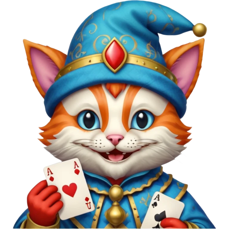 crazy colorful cute little cat jolly joker from poker, medieval, vintage, court jester, mac os icon, blue color, holds an ace poker card (clearly detailed and precise) emoji