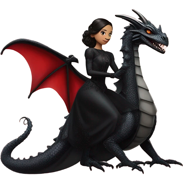 Lavish Victorian evening gown with gloves, Jenna Ortega as Addams Jedi wearing a mini tiara, riding on the back of a very large blood red evil-looking horned firedragon emoji