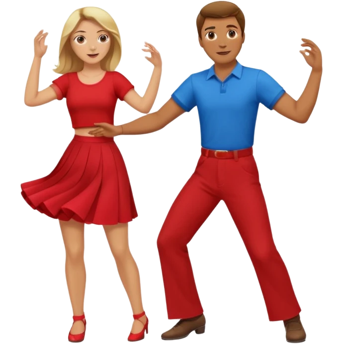 Two people dancing. Man in red shirt and  red pants with brown hair. Women in blue shirt and long skirt with blond hair. Dancing. emoji