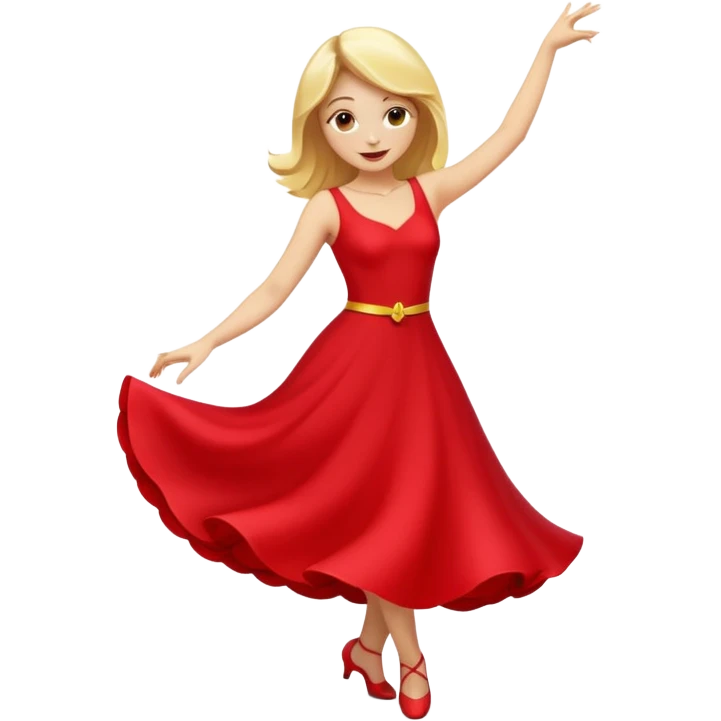 a yellow-blonde woman dancing wearing a red dress, in flat emoji / Apple style, smooth shapes, glossy highlights, bright saturated colors, simple features, minimal details, no outlines, red clothes flowing, joyful pose emoji