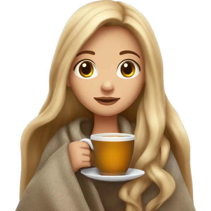 Dark blonde girl with long hair snuggled up in a blanket and holding a hot tea in her hands Dark blonde girl with long hair snuggled up in a blanket and holding a hot tea in her hands emoji