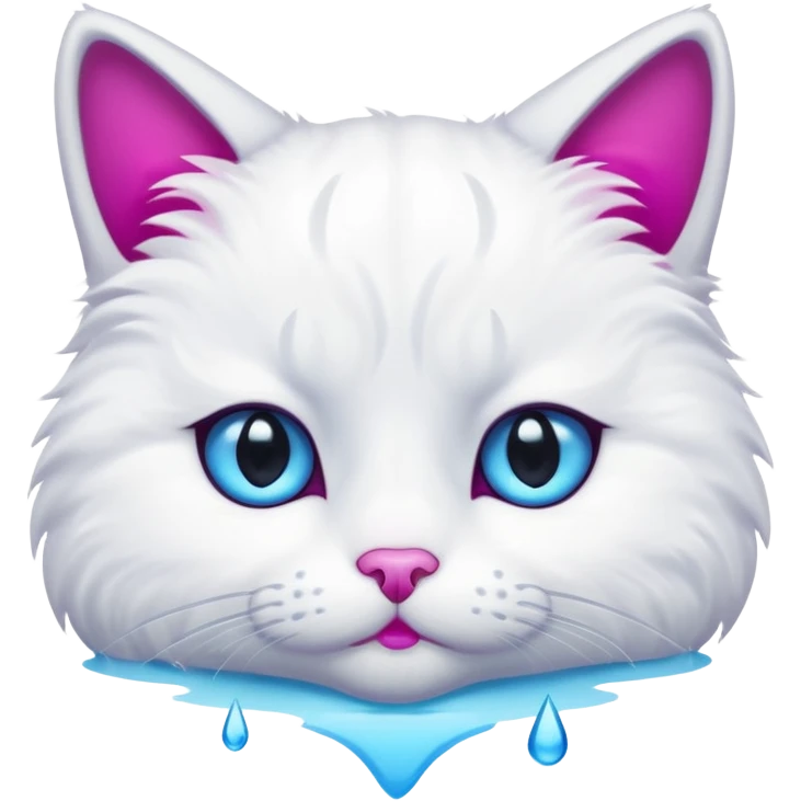 White cat, emphasized sad face, blue water tear drop below one eye, magenta eyes, black background, cute cartoon style emoji