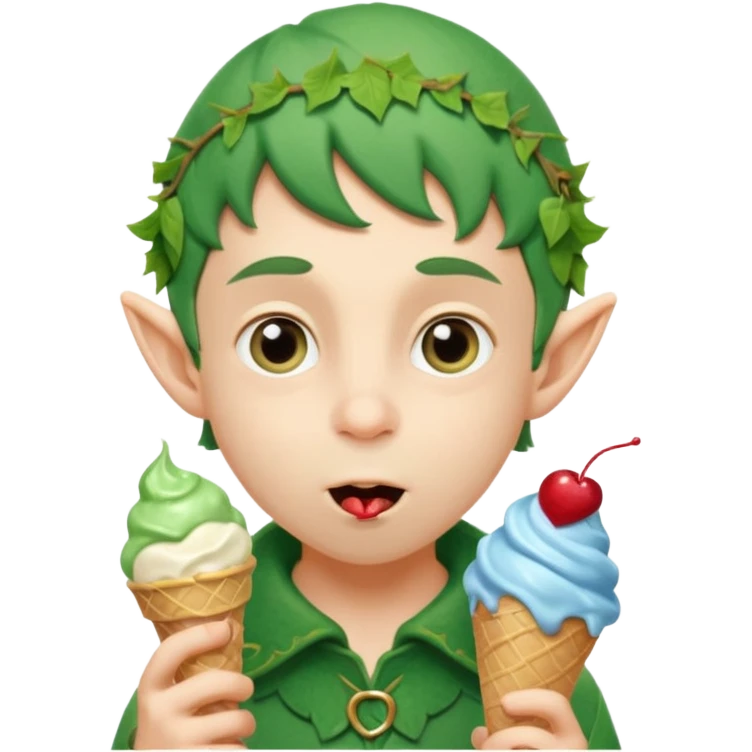 
A young elf boy in leafy clothes licking a triple-scoop ice cream with wide eyes.


A playful forest elf sitting on a log, balancing a huge ice cream tower in one hand.




 emoji