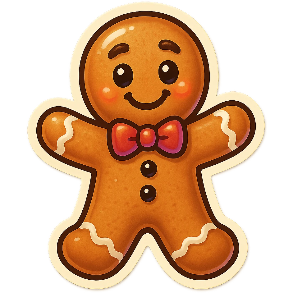 gingerbread man with a bow tie and cheerful face emoji