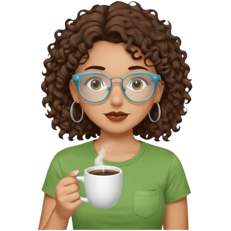 White girl with dark brown curly hair, brown eyes, sky blue glasses, nose piercing septum, green t shirt, drinking coffee from a cup emoji
