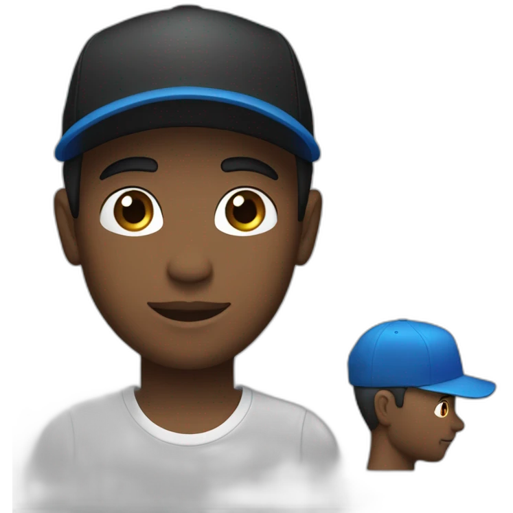a white guy with dark hair, blue eyes, in a black backward cap and in oversized t-shirt emoji