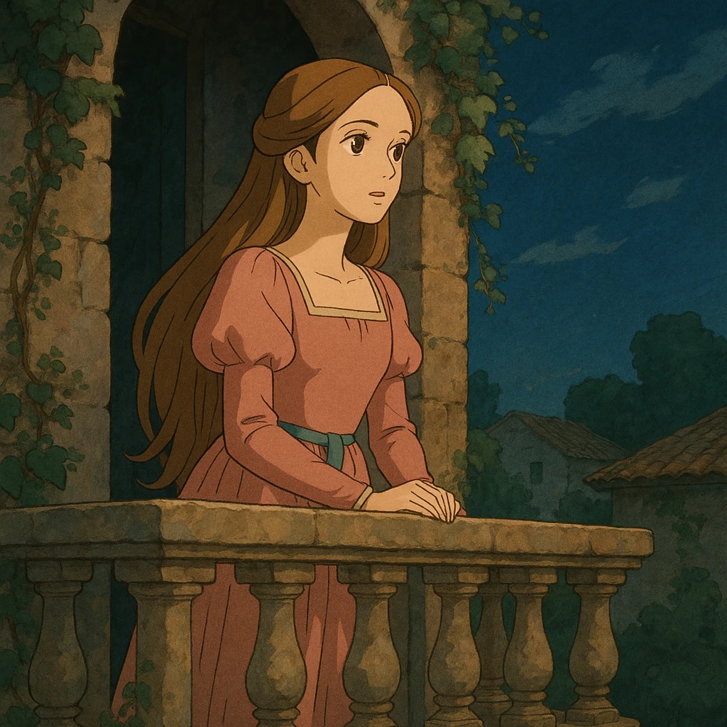 ghibli style Juliet on a balcony emoji