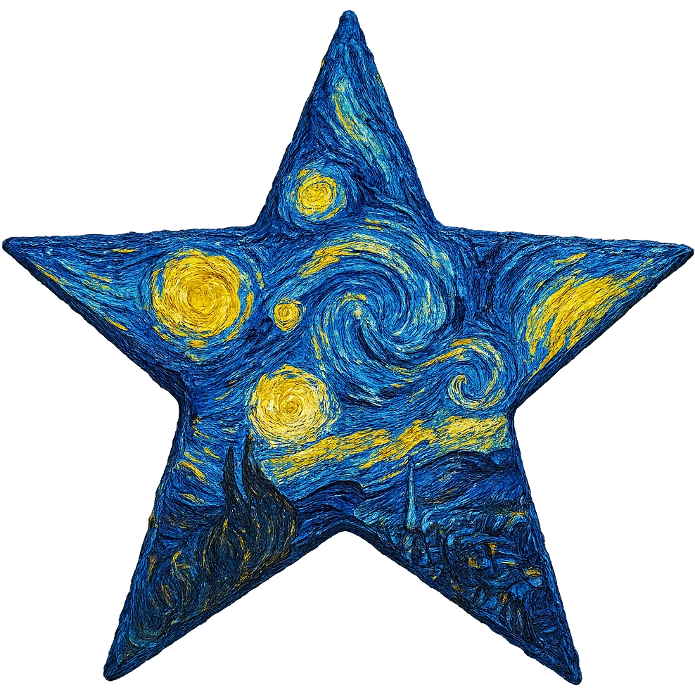 a stylized star with van Gogh's swirling night sky patterns and bold color contrasts, post-impressionist style, thick impasto texture, blue-yellow palette emoji
