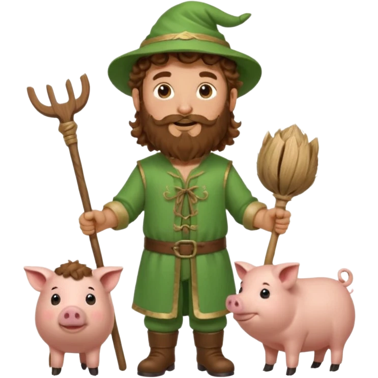 happy young shepard with long curly brown beard and long curly brown hair, in green magical outfit, with wooden shepard stick in hands, taking care of pigs emoji