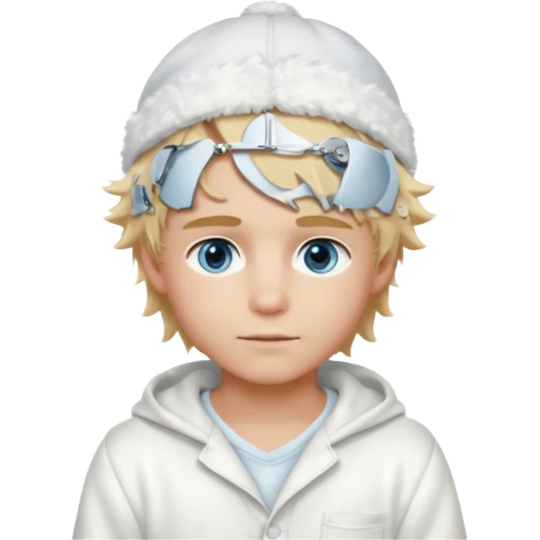 Create a look for a blond boy with long, tousled hair, light eyes, a white sweater, a wealthy appearance, blue eyes, and accessories like a Rolex or Cartier watch, and a cute face with messy hair down. blue eyes + + pajama white fluffy + cap fluffy + blush emoji