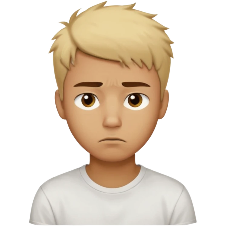 caramel skin color. Teen age. Short buzz, messy blonde hair, dark brown bushy eyebrows large expressive golden-brown eyes, brown skin color, scar over nose, wearing a plain white t-shirt. 20 year old male. Disappointed thinking facial expression. caramel skin color.  emoji