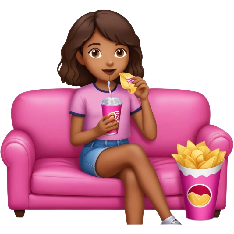 home brown girl with chips and soda drink at the pink sofa emoji
