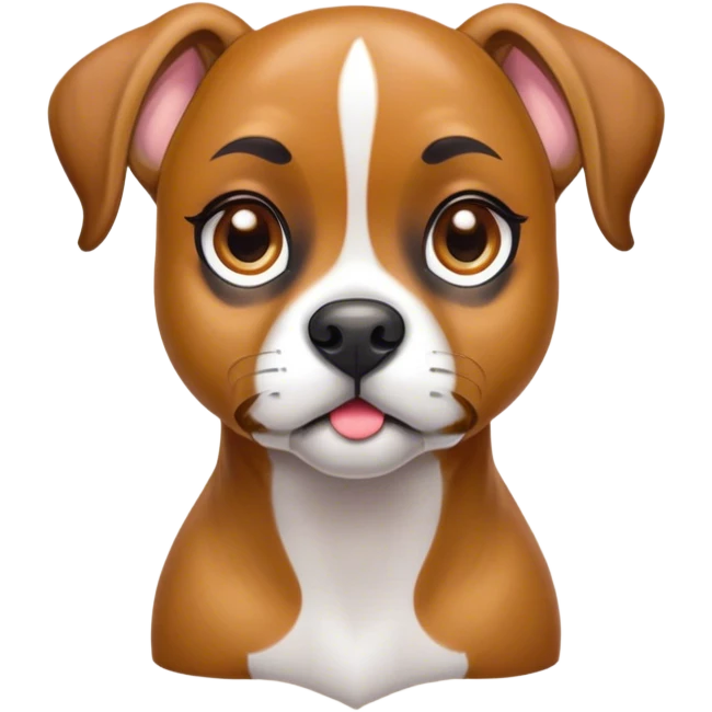 Cinematic Cute Fawn Boxer Dog Portrait Emoji, Head tilted playfully and inquisitively, with a glossy fawn coat highlighted by a white muzzle and chest, round, sparkling brown eyes filled with curiosity, Simplified yet irresistibly adorable features, highly detailed, glowing with a warm, friendly glow, high shine, affectionate and lively, stylized with a touch of whimsy, bright and endearing, soft glowing outline, capturing the essence of a mischievous yet loving pup, so playful it feels like it could bound out of the screen and into your arms! emoji