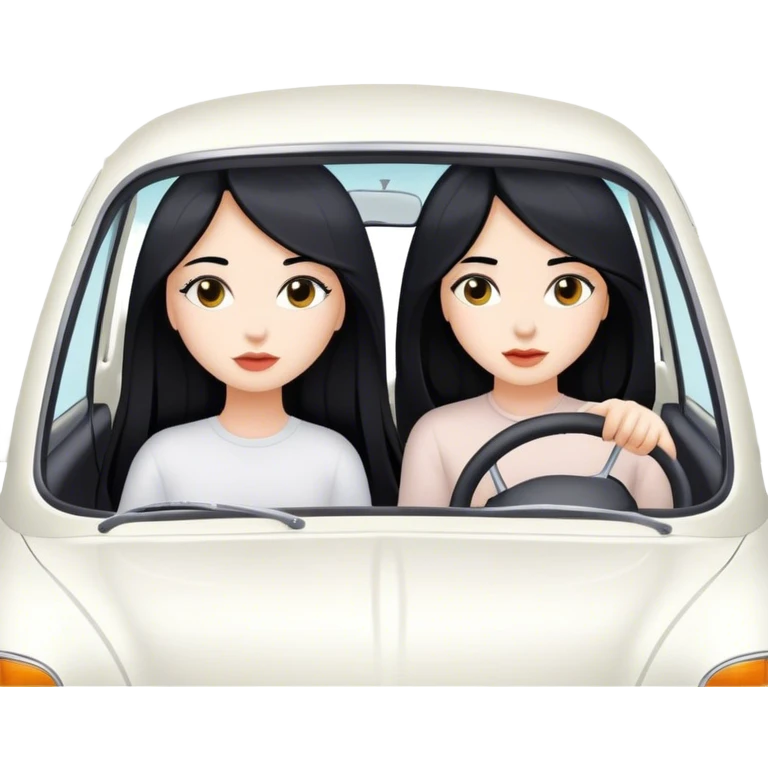 Two girls with long black hair, white, in white car from far view  emoji