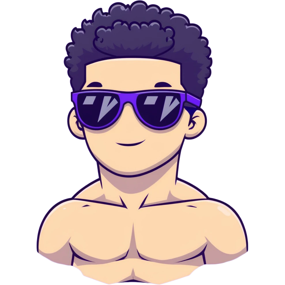 shirtless male athlete with white skin and moderately curly black hair on top with shaved sides, wearing purple sunglasses with black tinted lenses emoji