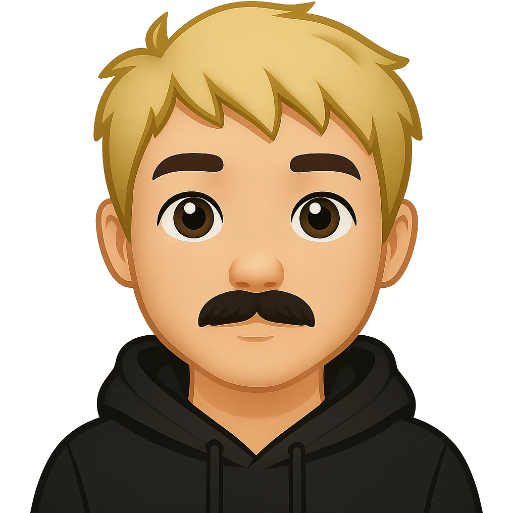 Add a black hoodie to the Asian man with a small mustache and short messy blond hair in emoji style. Preserve the transparent background. emoji