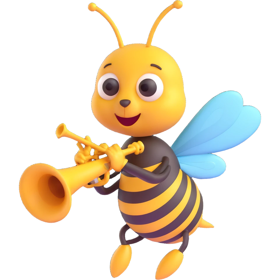 a bee blowing a trumpet, playful and lively emoji