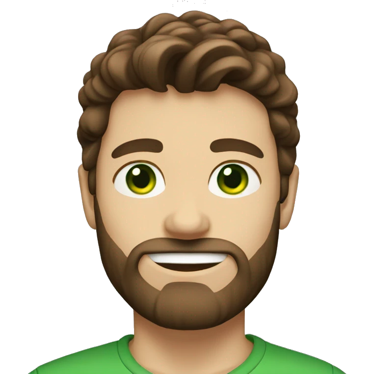 Guy with brown hair like a mullet, green eyes and a beard emoji
