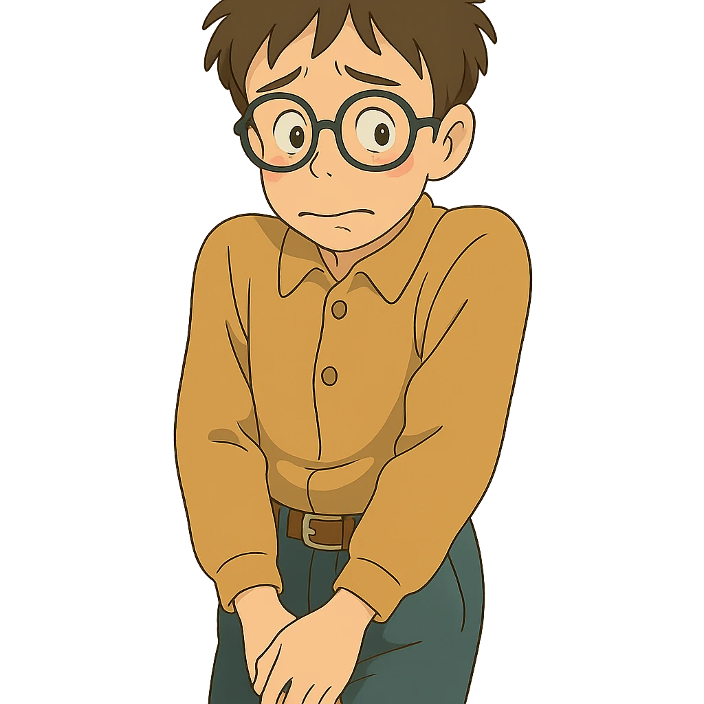 ghibli style dorky character with glasses, shy pose emoji