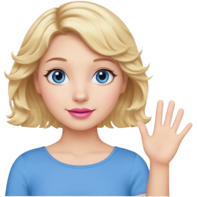 Girl Blonde short wavy hair,  blue eyes, cute blue top, long lashes, pink lips, waving hello  emoji