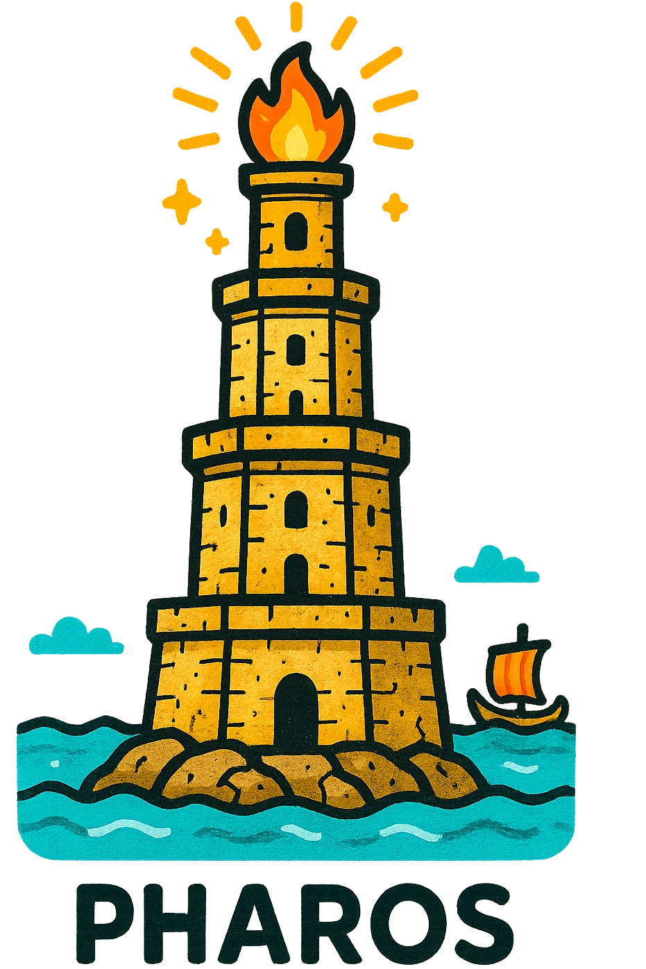 A three-tiered ancient tower named Pharos with a squared base, octagonal middle, and cylindrical top. The tower has a stone texture with slight cracks and wear. Each level features small windows or arches. At the top, there is a glowing fire or torch with gold/yellow and orange rays, and tiny sparkles (✨) for a shining effect. The base of the tower is surrounded by blue waves lapping at it, and a tiny Greek/Roman ship (⛵) can be seen in the distance. The color palette consists of sandstone (beige/tan) for the tower, turquoise/blue for the sea, and warm gold for the fire. The style should be a simple, clean icon with clear lines and minimal details, focusing on the structure and key elements. emoji