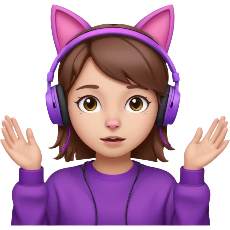 une fille avec des écouteurs de chat rose et des cheveux brun qui fais une grimasse chandaille mauve emoji