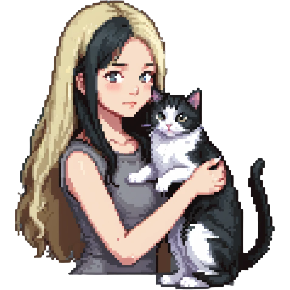 Beautiful girl with long black hair petting a gray and blonde mixed cat emoji