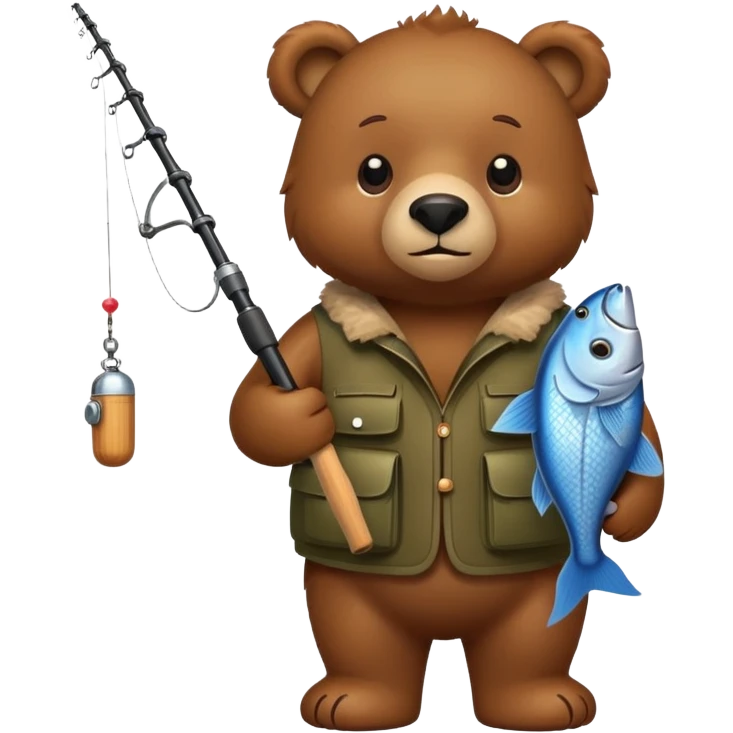 create a cartoon bear holding a fish and a fishing rod emoji