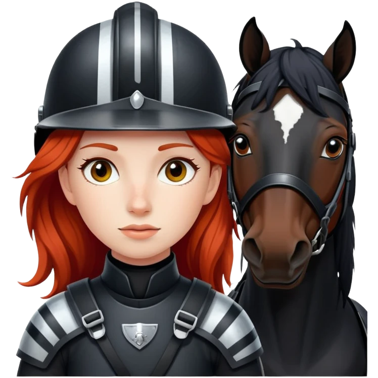 A red-haired girl with a helmet with a black horse with a white stripe on her face and a black mane emoji