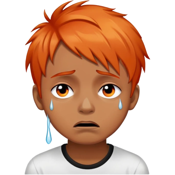 brownskin boy with emo orange hair, red and black eyes, crying white tears, more dramatic tears emoji