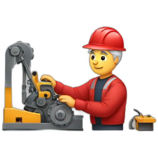 Industrial professional senior mechanical assembler working on the assembly of heavy machinery with a red outfit emoji