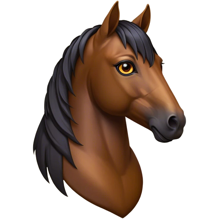 Cinematic Noble Bay Horse Portrait Emoji, Poised and regal, with a strong, athletic build and a rich, well-groomed bay fur accented by a dark mane and tail, deep-set soulful amber eyes, Simplified yet sharp and sophisticated features, highly detailed, glowing with a warm, dignified glow, high shine, intelligent and majestic, stylized with an air of equine elegance, focused and attentive, soft glowing outline, capturing the essence of a watchful and confident steed, so majestic it feels as though it could gallop out of the screen with effortless authority! emoji