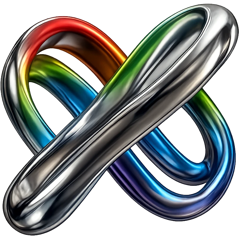 Transform the rainbow infinity symbol into a 3D chrome metallic style but keep the rainbow colors, highly reflective and shiny, no background. emoji