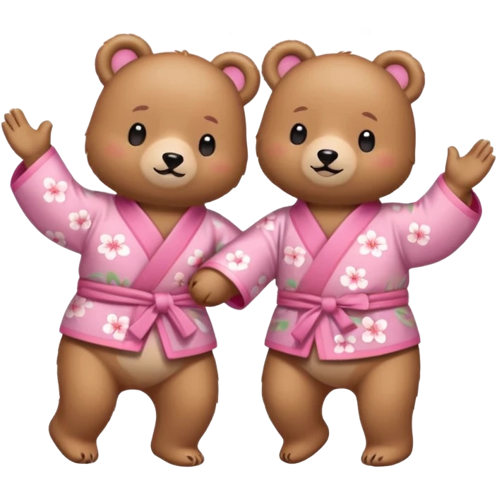 Two cute light-brown bears wearing pastel pink sakura-patterned kimonos, normal balanced body ratio.  
Holding hands and dancing happily together with music note icons and joyful movement lines.  
Kawaii emoji style, minimalistic clean sticker illustration, white background. emoji