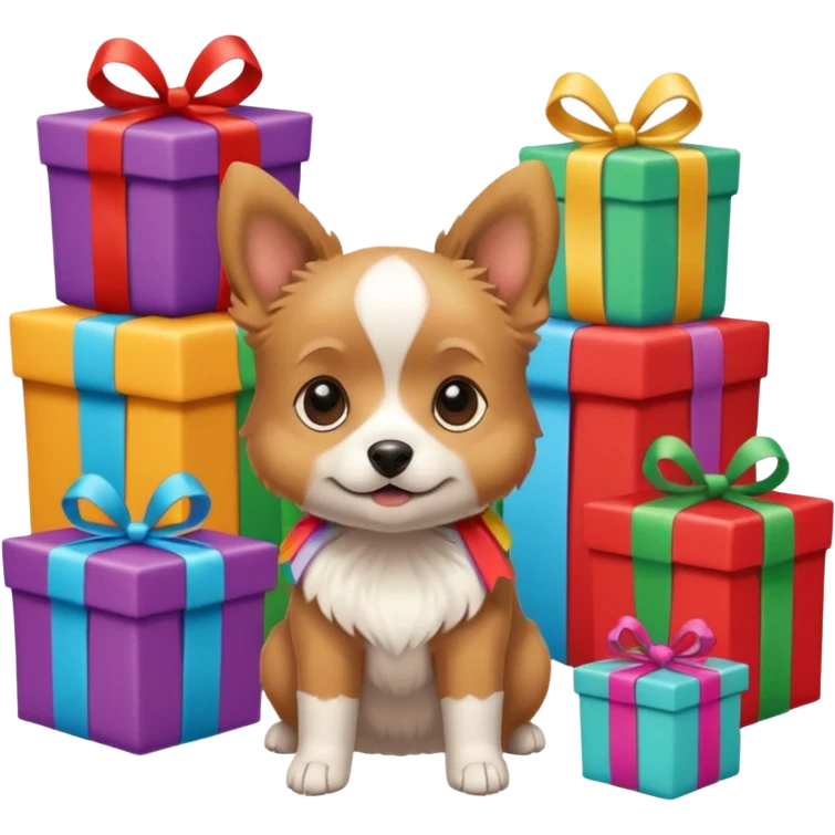 small dog surrounded by wrapping paper and open presents emoji