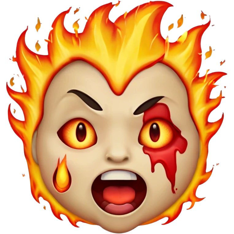 "A highly expressive emoji-style face with wide, bloodshot eyes and an open mouth, breathing a large burst of fire. The emoji has an exaggerated, cartoonish look with bright yellow and orange tones. The fire is detailed with red, orange, and yellow flames, creating a dramatic effect emoji