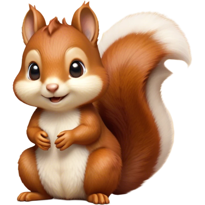 Cinematic Cute Squirrel Portrait Emoji, Head tilted playfully and inquisitively, featuring a fluffy, vibrant auburn Fur with a delicate cream belly and a bushy tail, round, sparkling eyes filled with curious mischief, Simplified yet irresistibly adorable features, highly detailed, glowing with a warm, friendly glow, high shine, affectionate and lively, stylized with a touch of woodland whimsy, bright and endearing, soft glowing outline, capturing the essence of a mischievous yet loving squirrel, so playful it feels like it could leap out of the screen and into your arms! emoji