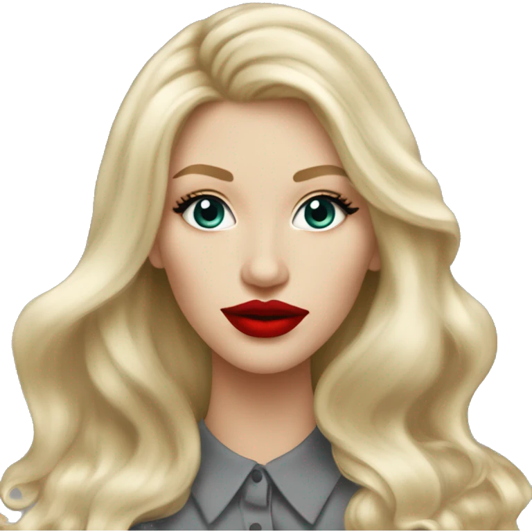Russian Blonde long hair with big red lips small nose and black eyes Tiffany diamond seller in a grey suit emoji