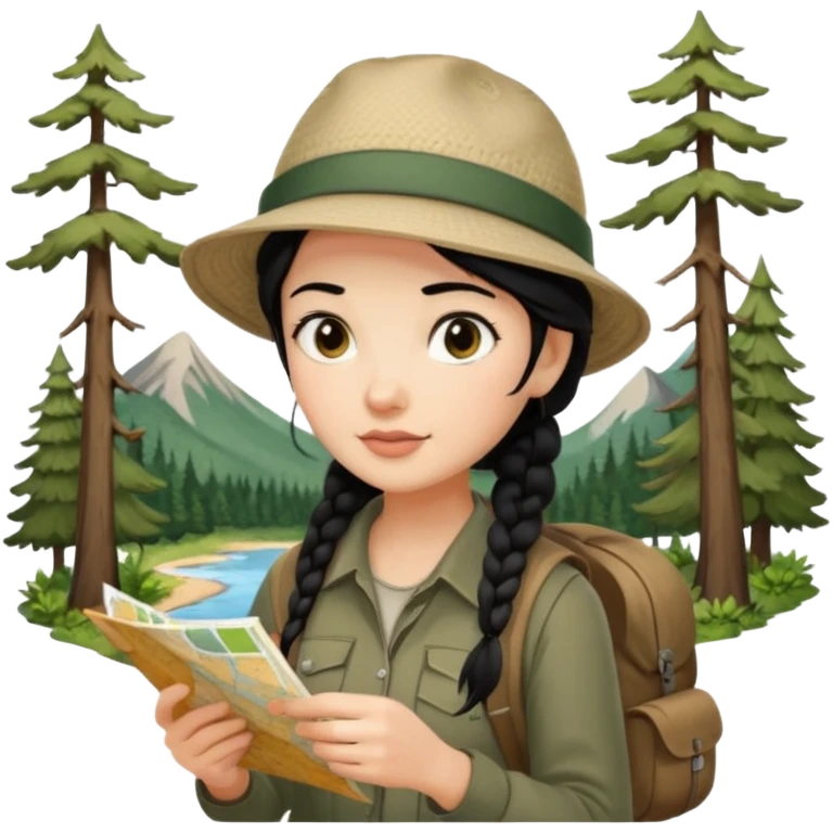 A braid black hair backpacking woman checking her map with curious eyes while walking in the woods with camping hat full body emoji