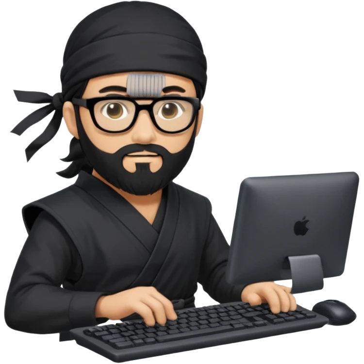 Man with black hair and beard wearing glasses in a ninja costume. Keep the top left version, make the beard longer and replace the sword on his back with a computer keyboard  emoji