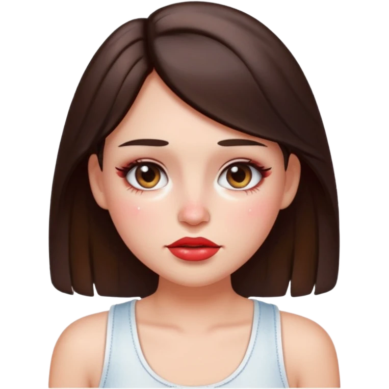 “Emoji brunette girl white tanktop, dewy skin, heavy blush across cheeks and nose bridge, glossy cherry lips, soft eyeliner, teary sparkling eyes like hanni from new jeans emoji
