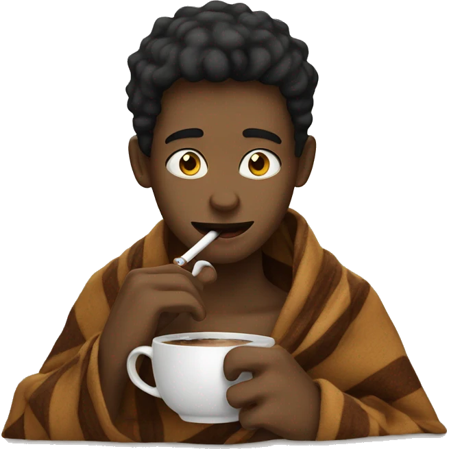 Boy inside a blanket sipping coffee while smoking emoji