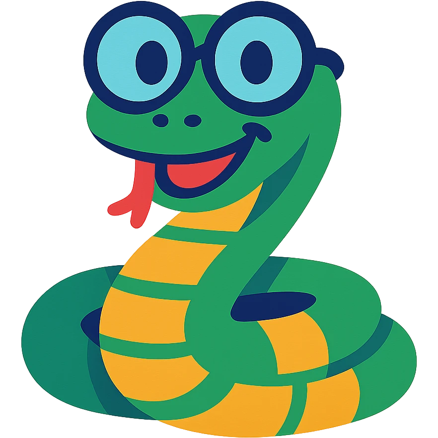 nerd snake with round glasses, smiling, cartoon style, colorful and playful emoji