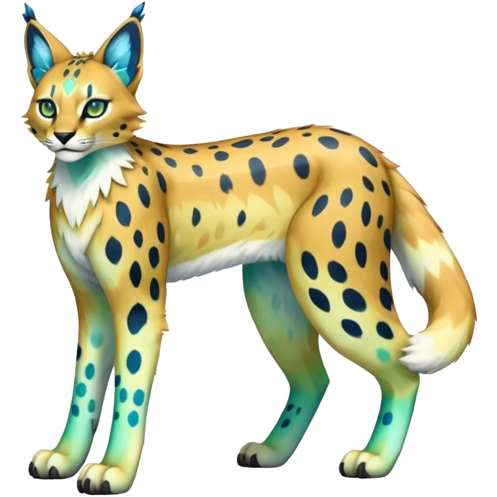 An iridescent transparent luminescent colorful fantasy-lynx-caracal-serval-fakemon-Digimon-creature-hybrid full body emoji