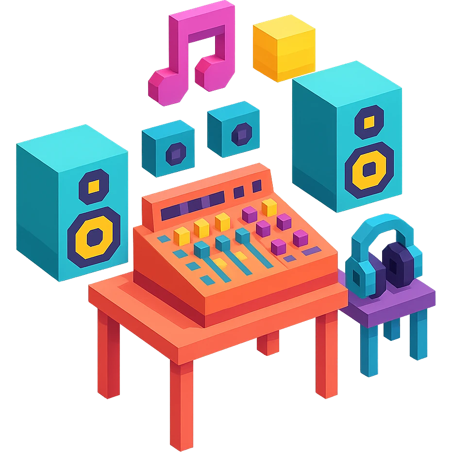 music studio setup with a mixing console, monitors, and a cozy vibe emoji