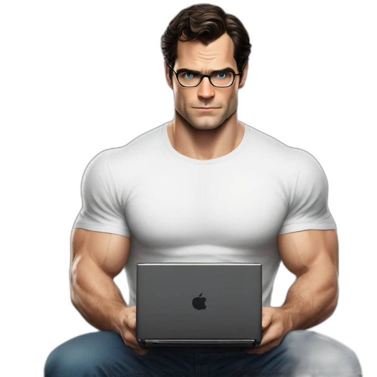 front view of henry cavill clark kent wearing white t-shirt using a laptop emoji