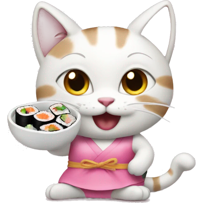 happy little cat in a pink dress eating sushi emoji